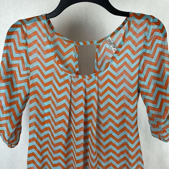 Yahada Sheer Blouse Top Shirt Size Small Turquoise Orange Chevron 3/4 Sleeve - Picture 2 of 13